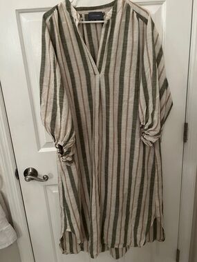 Striped V-Neck Midi Dress in Olive and Cream — Hudson Gray